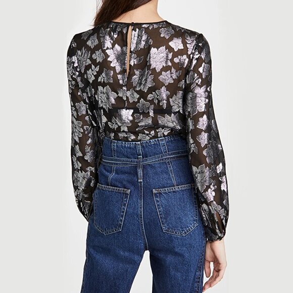 NWT Club Monaco black & silver metallic fibre burnout floral print sheer blouse - Picture 8 of 16